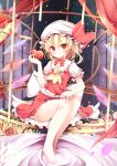  1girl ascot barefoot birdcage blonde_hair cage flandre_scarlet flower heart highres looking_at_viewer mob_cap pen-zin puffy_sleeves red_eyes red_rose rose shirt short_sleeves side_ponytail sitting skirt skirt_set smile solo touhou vest white_rose wings 
