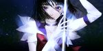  1girl absurdres bishoujo_senshi_sailor_moon black_hair bow choker elbow_gloves gloves highres magical_girl ribbon rukiana sailor_collar sailor_saturn short_hair smile solo staff tiara tomoe_hotaru violet_eyes white_gloves 