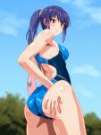  1girl ass blue_sky blue_swimsuit blurry breasts clouds commentary_request competition_swimsuit cowboy_shot day depth_of_field from_behind hand_on_own_ass lips long_hair looking_at_viewer looking_back medium_breasts monteriakitto one-piece_swimsuit original outdoors purple_hair red_eyes sky solo swimsuit tree 