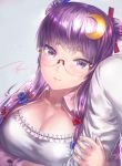  1boy 1girl arm_hug bespectacled blush bow breasts cleavage crescent double_bun glasses hair_bow hair_ornament kfr large_breasts locked_arms long_hair moon patchouli_knowledge payot purple_hair revision smile solo_focus touhou violet_eyes 