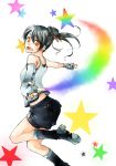  1girl black_hair boots character_request jumping looking_at_viewer nail_polish orange_eyes outstretched_arms paintbrush ponytail rainbow shorts smile solo spread_arms star tsumoru_saku 