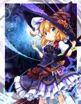  1girl adapted_costume blonde_hair blue_eyes bow braid broom dress hat highres kirisame_marisa long_hair mini-hakkero smile solo test_tube tobi_(nekomata_homara) touhou witch_hat 