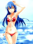  1girl bikini blue_hair blush brown_eyes highres long_hair looking_at_viewer love_live!_school_idol_project smile smile_pact solo sonoda_umi swimsuit urutsu_sahari 