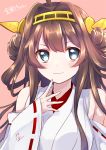  &gt;:3 1girl :3 bare_shoulders blue_eyes brown_hair detached_sleeves double_bun hair_ornament hairband headgear japanese_clothes kantai_collection kongou_(kantai_collection) long_hair mirakuruone nontraditional_miko personification ribbon-trimmed_sleeves ribbon_trim smile solo 