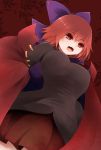  1girl arano_oki bow breasts cape hair_bow large_breasts open_mouth red_eyes redhead sekibanki short_hair skirt solo touhou 