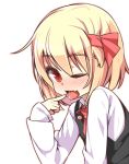  1girl blonde_hair blush fang hair_ribbon long_sleeves looking_at_viewer one_eye_closed open_mouth red_eyes ribbon rumia shamo_(koumakantv) short_hair simple_background solo tongue tongue_out touhou white_background wink 