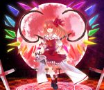  1girl aru16 blonde_hair bow flandre_scarlet hair_bow hand_on_hip highres magic_circle moon red_eyes red_moon side_ponytail skull solo touhou wings wrist_cuffs 