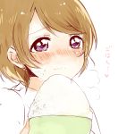  1girl blush bowl crying crying_with_eyes_open heart highres hina holding koizumi_hanayo light_brown_hair love_live!_school_idol_project rice rice_bowl short_hair simple_background solo steam tears violet_eyes wavy_mouth white_background 