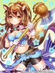  1girl animal_ears axe blush breasts brown_eyes brown_hair character_request cleavage crop_top esphy gloves hen-shin-shou-jo_metamol_maiden holding_weapon long_hair midriff navel ponytail shorts smile solo squirrel_ears squirrel_tail star tail weapon white_gloves 