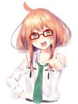  1girl ahoge brown_eyes brown_hair glasses highres looking_at_viewer open_mouth pointing pointing_at_viewer red-framed_glasses sakuragi_ren solo 