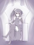  1girl amano_kouki crossed_legs long_hair looking_at_viewer monochrome sitting smile solo thigh-highs 