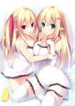  2girls absurdres bare_shoulders blonde_hair blush breasts dress green_eyes hair_ornament hair_ribbon hairclip highres hug kneeling long_hair looking_at_viewer megarisu multiple_girls open_mouth original pointy_ears red_eyes ribbon rubber_duck sitting thigh-highs twintails water white_dress white_legwear 