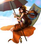  1girl alternate_costume blue_sky breasts brown_eyes brown_hair character_name cleavage clouds flower hair_flower hair_ornament holding_umbrella league_of_legends leona_(league_of_legends) long_hair midriff nal_(nal&#039;s_pudding) orange_skirt sandals skirt sky smile solo sunflower swimsuit umbrella 