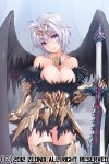  1girl armor armored_dress bare_shoulders bird_wings black_dress black_legwear black_wings breasts byeontae_jagga cleavage collarbone dress gauntlets hair_ornament head_tilt large_breasts looking_at_viewer metal_gloves purple_hair silver_hair smile solo strapless_dress sword sword_girls thigh-highs weapon wings zettai_ryouiki 