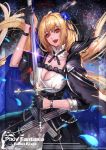  1girl blonde_hair blood blush breasts cape cleavage dress flower holding_weapon large_breasts lipstick long_hair long_sleeves looking_at_viewer makeup open_mouth pixiv_fantasia pixiv_fantasia_fallen_kings red_eyes red_lipstick ryuuzaki_ichi smile solo sword vampire weapon 