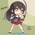  1girl akagi_(kantai_collection) blush_stickers bow_(weapon) brown_hair character_name chibi drawing_bow fukai_ryousuke japanese_clothes kantai_collection long_hair multiple_girls muneate personification pleated_skirt signature skirt solo thigh-highs weapon white_legwear zettai_ryouiki 