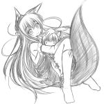  animal_ears bell fox_ears fox_tail highres jingle_bell long_hair looking_at_viewer monochrome original playjoe2005 simple_background smile tail tamani_wakashi very_long_hair white_background 