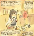  1girl akagi_(kantai_collection) brown_hair colored_pencil_(medium) eating japanese_clothes kantai_collection kirisawa_juuzou long_hair looking_at_viewer muneate personification solo spoon traditional_media translation_request 