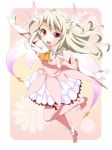  1girl boots cross fate/kaleid_liner_prisma_illya fate_(series) gloves illyasviel_von_einzbern long_hair magical_girl outstretched_arms pink_legwear prisma_illya ratryu red_eyes skirt solo thigh-highs two_side_up white_hair 