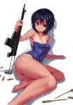  1girl aps barefoot black_hair blush competition_school_swimsuit gun looking_at_viewer nightmaremk2 one-piece_swimsuit one-piece_tan original red_eyes rifle rough simple_background solo strap_slip swimsuit tan tanline weapon wet white_background 