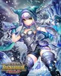  1girl armor boots breasts cape chain character_request cleavage copyright_name esphy fighting_stance frown gloves green_gloves grey_hair gun hat holding_weapon long_hair shinma_x_keishou!_ragnabreak shorts snowflakes snowing solo thigh-highs thigh_boots twintails weapon yellow_eyes 