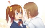  ? blue_eyes blush brown_hair green_eyes hand_on_another&#039;s_face highres hino_taka kira_tsubasa kousaka_honoka looking_at_another love_live!_school_idol_project multiple_girls open_mouth school_uniform short_hair side_ponytail smile 