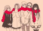  1boy 4girls carrying gokukoku_no_brynhildr hairband kazumi_schlierenzauer kiukko kuroha_neko monochrome multiple_girls murakami_ryota piggyback scarf shared_scarf spot_color tachibana_kana takatori_kotori thigh-highs 
