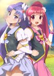  2girls aino_megumi aratsuka blush cure_fortune cure_lovely earrings hair_ornament happinesscharge_precure! heart heart_earrings heart_hair_ornament hikawa_iona jewelry long_hair looking_at_viewer magical_girl multiple_girls open_mouth pink_eyes pink_hair ponytail precure purple_hair skirt star star_earrings violet_eyes 