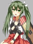  1girl 96neko96 bow green_eyes green_hair hair_bow japanese_clothes kantai_collection long_hair looking_at_viewer muneate personification pleated_skirt skirt solo twintails zuikaku_(kantai_collection) 