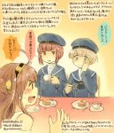  3girls :d bare_shoulders baumkuchen blue_eyes brown_hair cake colored_pencil_(medium) cup double_bun eating food fork hairband hand_on_own_cheek hand_on_own_face hat headgear japanese_clothes kantai_collection kirisawa_juuzou kongou_(kantai_collection) long_hair multiple_girls neckerchief nontraditional_miko open_mouth personification sailor_dress sailor_hat short_hair smile teacup traditional_media translation_request z1_leberecht_maass_(kantai_collection) z3_max_schultz_(kantai_collection) 