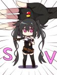  1girl amano_kouki black_hair black_legwear chibi fingerless_gloves gloves long_hair looking_at_viewer note-chan original simple_background skirt solo thigh-highs twintails very_long_hair violet_eyes white_background zoom_layer 