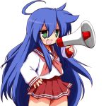  1girl blue_hair green_eyes izumi_konata long_hair lucky_star megaphone mizushima_(p201112) school_uniform serafuku standing 