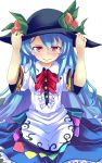  1girl blue_hair blush food fruit hand_on_head hat highres hinanawi_tenshi long_hair nanatsuhane peach red_eyes simple_background solo tagme tears touhou white_background 