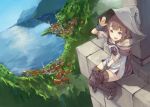  1girl between_legs brown_hair cape fantasy hand_between_legs hat horizon looking_at_viewer ocean original scenery sitting solo suzuno_(bookshelf) town violet_eyes water witch_hat 