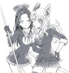  2girls asymmetrical_docking breast_press coppelion cosplay eyepatch fingerless_gloves gloves hand_on_another&#039;s_hip hand_on_hip headgear kantai_collection long_hair looking_at_viewer mechanical_halo miniskirt monochrome multiple_girls necktie one_eye_closed ozu_kanon ozu_shion parody penki pleated_skirt polearm school_uniform siblings simple_background sisters skirt sleeves_rolled_up tatsuta_(kantai_collection) tatsuta_(kantai_collection)_(cosplay) tenryuu_(kantai_collection) tenryuu_(kantai_collection)_(cosplay) thigh-highs weapon white_background wink 