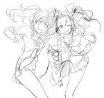 2girls boots bow breasts cleavage coppelion cosplay dangan_ronpa enoshima_junko enoshima_junko_(cosplay) grin hair_bow hair_ornament high_heels ikusaba_mukuro ikusaba_mukuro_(cosplay) kicking knee_boots looking_at_viewer miniskirt monochrome multiple_girls necktie one_eye_closed ozu_kanon ozu_shion panties pantyshot parody penki pleated_skirt sketch skirt sleeves_rolled_up smile spoilers standing_on_one_leg twintails underwear v wink 