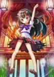  1girl :p alternate_hair_length alternate_hairstyle bare_legs black_hair building dress hand_on_hip interlaken kijin_seija long_hair multicolored_hair raised_hand red_eyes sandals tongue touhou 