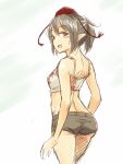  1girl from_behind hat looking_at_viewer looking_back midriff open_mouth pointy_ears shameimaru_aya short_hair short_shorts shorts sketch smile solo tokin_hat touhou yudepii 