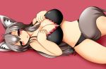  1girl animal_ears between_legs black_bra black_panties blush bra breasts brown_hair embarrassed fang hand_on_own_chest highres imaizumi_kagerou large_breasts long_hair looking_at_viewer midriff navel open_mouth panties red_background red_eyes simple_background solo tail tail_between_legs touhou underwear underwear_only wolf_ears wolf_tail 