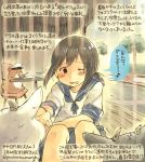  1girl admiral_(kantai_collection) artist_self-insert black_hair colored_pencil_(medium) comic fubuki_(kantai_collection) kantai_collection kirisawa_juuzou long_hair one_eye_closed personification school_uniform serafuku skirt solo traditional_media translation_request wink 