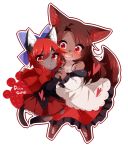  2girls animal_ears blush bow brown_hair cat_ears cat_tail fang furry hair_bow heart holding_hands imaizumi_kagerou kaenuco long_hair multiple_girls open_mouth redhead sekibanki short_hair smile tail tears touhou wolf_ears wolf_tail 