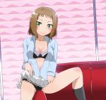  1girl black_panties blush breasts brown_hair couch green_eyes highres kira_tsubasa leg_up looking_at_viewer love_live!_school_idol_project panties short_hair skirt skirt_lift smile solo straddling underwear 