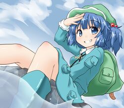  1girl bag blue_eyes blue_hair blue_sky boots clouds grin hair_bobbles hair_ornament hand_on_head hat kawashiro_nitori key natsu_no_koucha short_hair sitting sitting_on_rock skirt sky smile solo touhou twintails water 