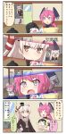  2girls 4koma :3 ahoge amatsukaze_(kantai_collection) animal_hood animalization bandaged_arm bib black_hair blush braid carrying cat chibi choker closed_eyes comic fangs gameplay_mechanics ha-class_destroyer hair_ornament hairband hand_on_hip hands_up hat headgear highres hood kantai_collection kindergarten_uniform long_hair mouse multiple_girls nenohi_(kantai_collection) ni-class_destroyer open_mouth pacifier paws pink_eyes pink_hair ponytail puchimasu! red_eyes ro-class_destroyer school_uniform serafuku shinkaisei-kan silver_hair single_braid sliding_doors smile sweatdrop tagme translated trembling twintails yuureidoushi_(yuurei6214) 