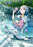 1girl blue_eyes blue_hair dress flower long_hair original piyo_(piyona) smile solo water 