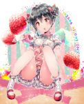  1girl black_hair blush bobby_socks dsmile food food_themed_clothes fruit heart love_live!_school_idol_project mary_janes open_mouth red_eyes shoes socks solo strawberry wings yazawa_nico 