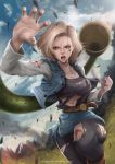  1girl android_18 battle belt blonde_hair blood blood_on_face blue_eyes cell_(dragon_ball) clenched_hand clouds dragon_ball dragon_ball_z fighting_stance magion02 miniskirt outdoors pantyhose semi-perfect_cell skirt sky tail torn_clothes torn_pantyhose torn_shirt tree vest watermark 