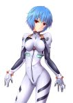  1girl ayanami_rei blue_hair breasts hair_ornament highres looking_at_viewer neon_genesis_evangelion plugsuit rebuild_of_evangelion red_eyes shouyan simple_background solo white_background zipper 