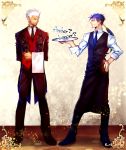  2boys archer die fate/hollow_ataraxia fate/stay_night fate_(series) formal highres lancer long_hair multiple_boys necktie ponytail suit waiter white_hair 