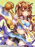  1girl animal_ears axe blush breasts brown_eyes brown_hair character_request cleavage crop_top esphy gloves hen-shin-shou-jo_metamol_maiden holding_weapon long_hair midriff navel open_mouth ponytail shorts solo squirrel_ears squirrel_tail star tail weapon white_gloves 